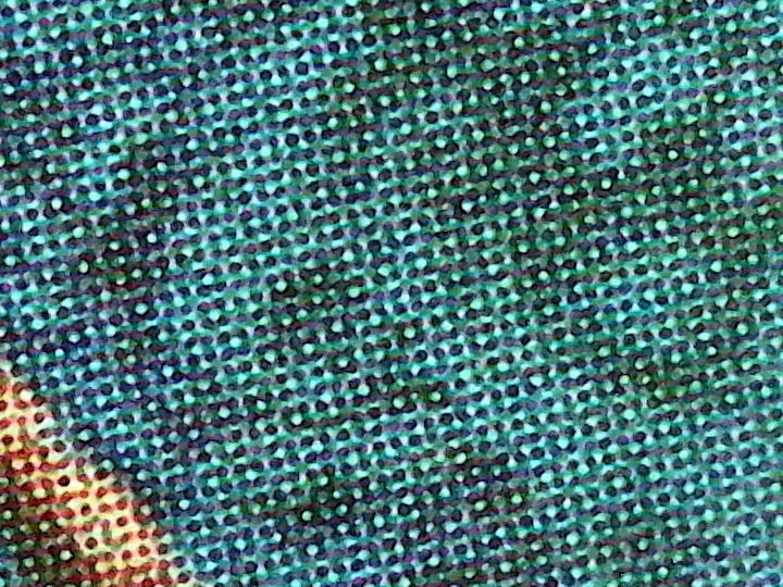 A printed photo under strong magnification: overlapping cyan, magenta, yellow and black dots arranged in a rosette pattern.